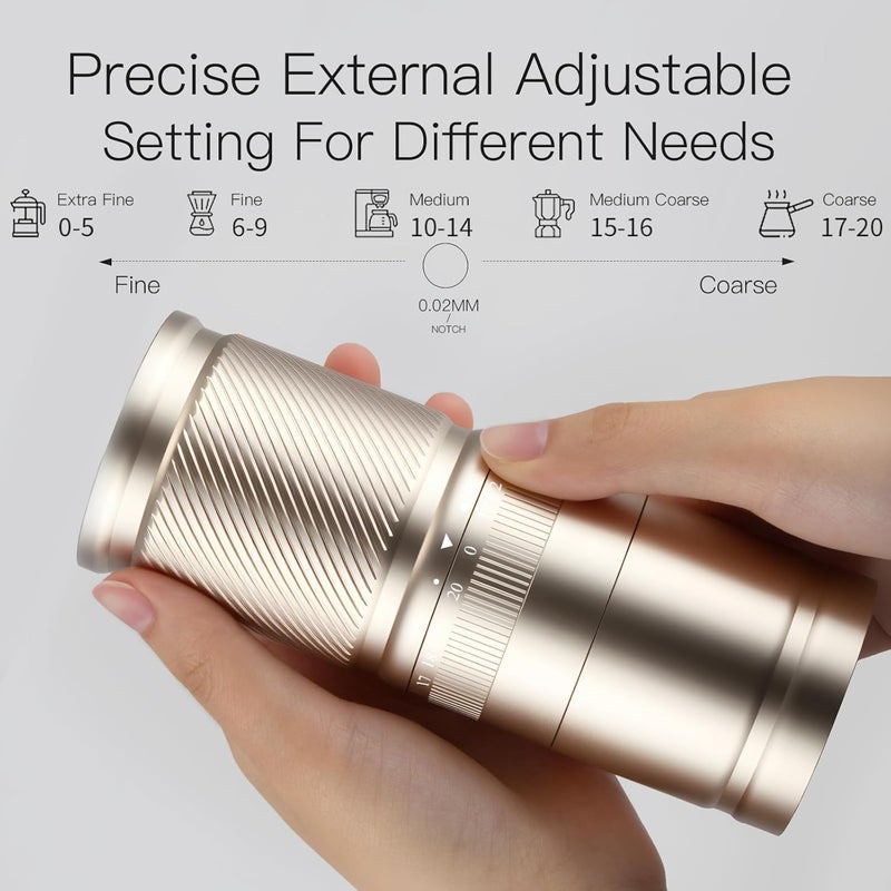 DACLL Manual Coffee Grinder with Numerical External Adjustable Setting, Capacity 30g with CNC Stainless Steel Conical Burr (gold) - Image 2